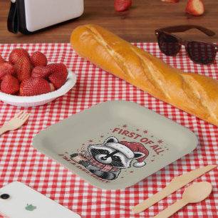 Funny Raccoon zuerst bin ich ein Freude Weihnachte Pappteller