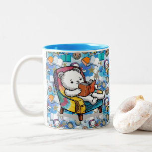 Funny Ragdoll Cat Reading a Book Pattern Monogram Zweifarbige Tasse