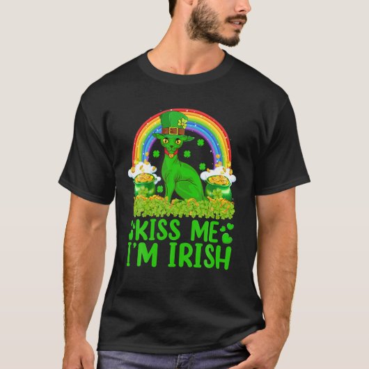 Funny Rainbow Kiss Me Ich bin Irish Sphynx Cat St T-Shirt (Vorderseite)