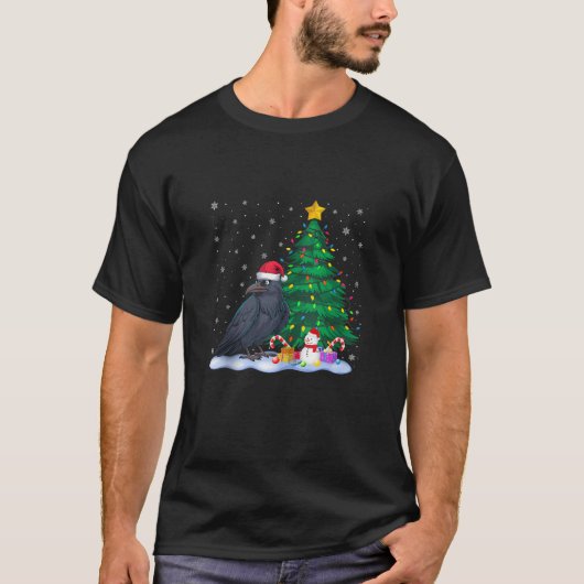 Funny Raven Xmas Tree Lights Reindeer Hat Christma T-Shirt (Vorderseite)