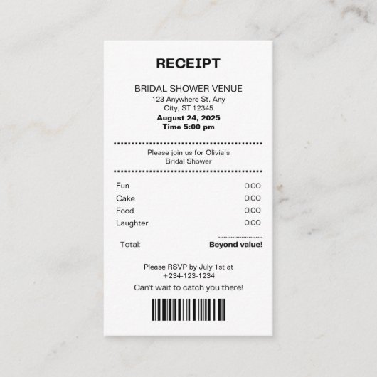 Funny, Receipt theme Bridal shower invitation Begleitkarte (Vorderseite)