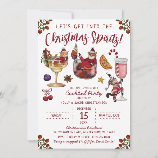 Funny Red Cat Christmas Spirit Cocktail Party Einladung (Vorderseite)