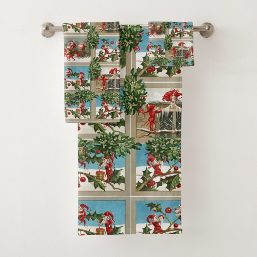 FUNNY RED CHRISTMAS ELVES, HOLLYBERRIES, MISTLETOS BADHANDTUCH SET (Insitu)