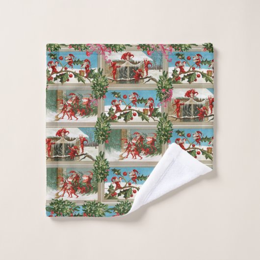 FUNNY RED CHRISTMAS ELVES, HOLLYBERRIES, MISTLETOS BADHANDTUCH SET (Waschlappen)