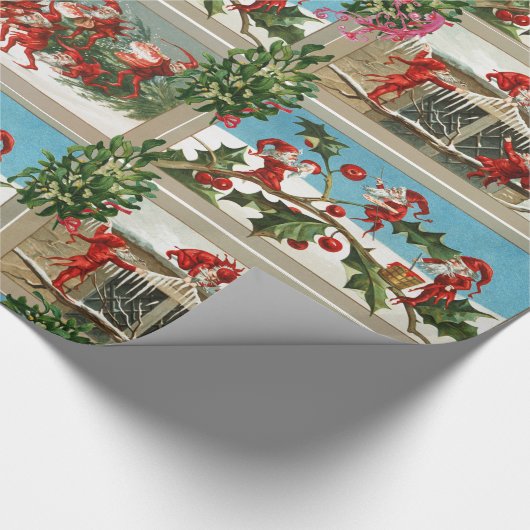 FUNNY RED CHRISTMAS ELVES, HOLLYBERRIES, MISTLETOS GESCHENKPAPIER (Ecke)