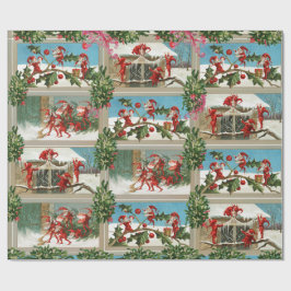FUNNY RED CHRISTMAS ELVES, HOLLYBERRIES, MISTLETOS GESCHENKPAPIER