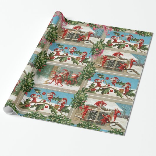 FUNNY RED CHRISTMAS ELVES, HOLLYBERRIES, MISTLETOS GESCHENKPAPIER (Ungerollt)