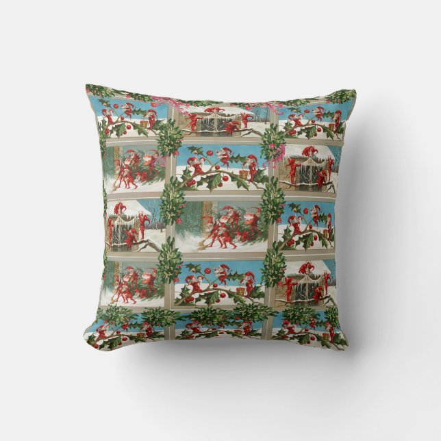 FUNNY RED CHRISTMAS ELVES, HOLLYBERRIES, MISTLETOS KISSEN (Vorderseite)