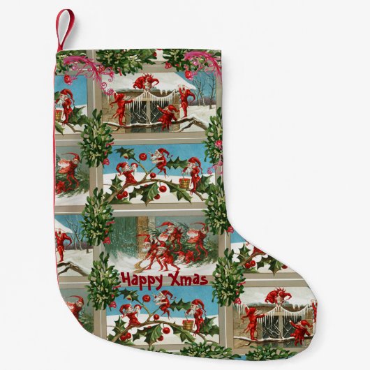 FUNNY RED CHRISTMAS ELVES, HOLLYBERRIES, MISTLETOS KLEINER WEIHNACHTSSTRUMPF (Vorderseite)