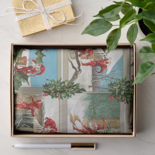 FUNNY RED CHRISTMAS ELVES, HOLLYBERRIES, MISTLETOS SEIDENPAPIER (Geschenk)