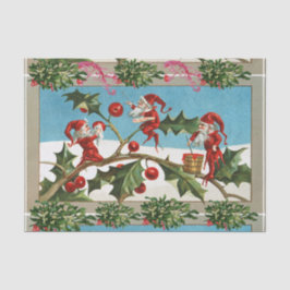 FUNNY RED CHRISTMAS ELVES, HOLLYBERRIES, MISTLETOS SEIDENPAPIER