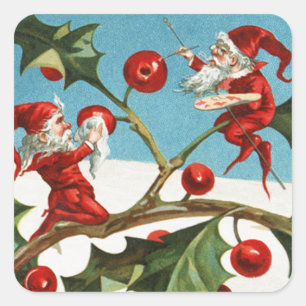 FUNNY RED CHRISTMAS ELVES PAINTING HOLLYBERRIES QUADRATISCHER AUFKLEBER