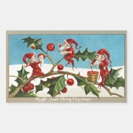FUNNY RED CHRISTMAS ELVES PAINTING HOLLYBERRIES RECHTECKIGER AUFKLEBER