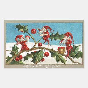 FUNNY RED CHRISTMAS ELVES PAINTING HOLLYBERRIES RECHTECKIGER AUFKLEBER