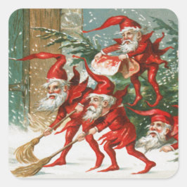 FUNNY RED CHRISTMAS ELVES SWEEPING IN the SNOW Quadratischer Aufkleber