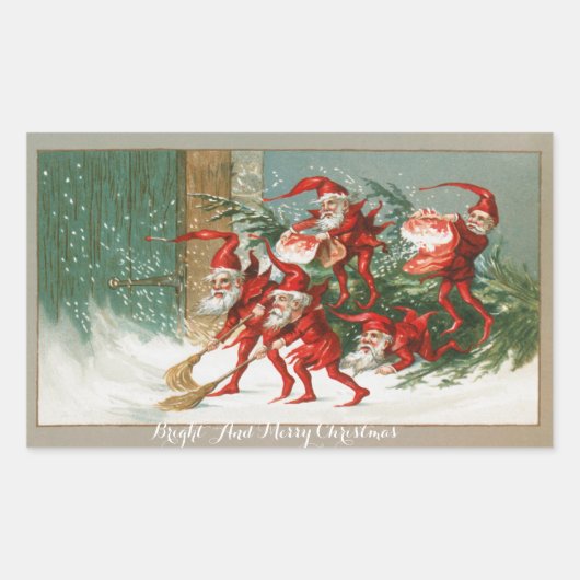 FUNNY RED CHRISTMAS ELVES SWEEPING IN the SNOW Rechteckiger Aufkleber (Vorderseite)