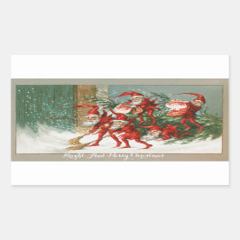 FUNNY RED CHRISTMAS ELVES SWEEPING IN the SNOW Rechteckiger Aufkleber
