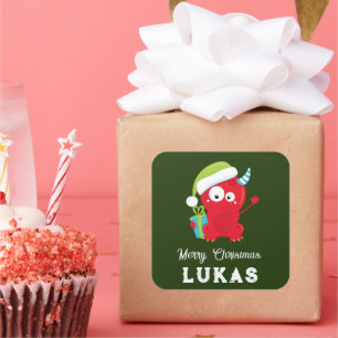 Funny Red Christmas Monster Kids Holiday Quadratischer Aufkleber