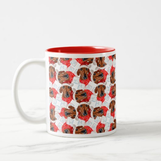 Funny Red Dackel Christmas Pattern Zweifarbige Tasse (Links)