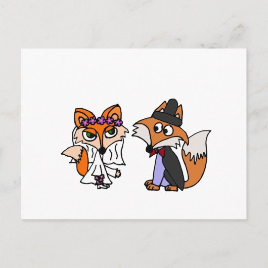 Funny Red Fox Bride und Groom Wedding Art Postkarte (Vorderseite)