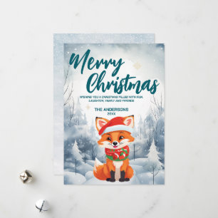 Funny Red fox Merry Xmas Baum Schnee Feier Feiertagskarte
