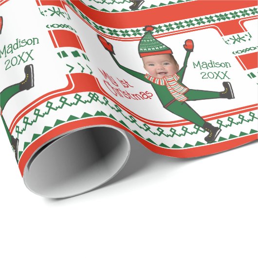 Funny Red Green Elf Mein erstes Weihnachts Custom Geschenkpapier (Rolleneckpunkt)