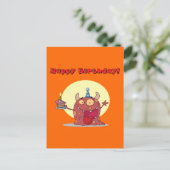Funny Red Happday Monster mit Kuchen Postkarte (Stehend Vorderseite)