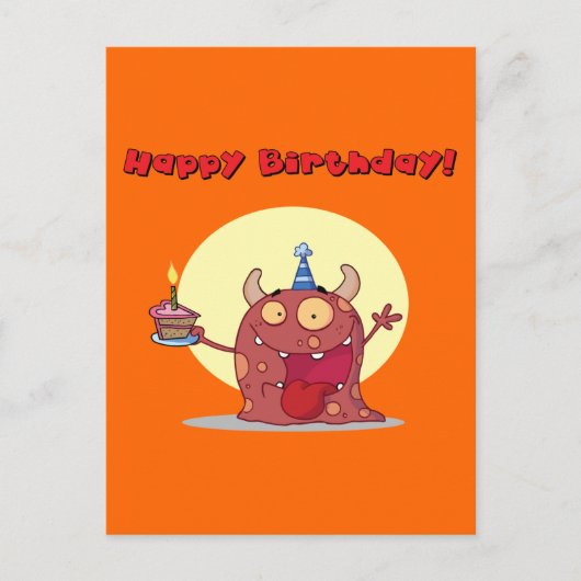 Funny Red Happday Monster mit Kuchen Postkarte (Vorderseite)