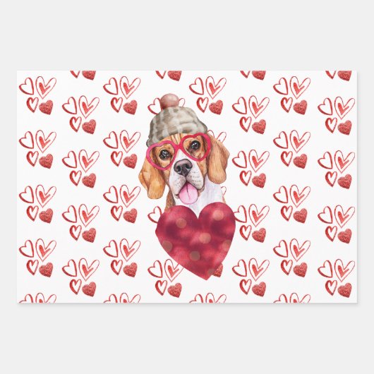 Funny Red Hearts Beagle Dog Lover Valentine's Gesc Geschenkpapier Set (Vorderseite)