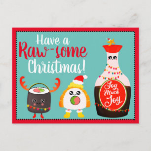 Funny Red Kawaii Sushi Food Pun Frohe Weihnachten Postkarte