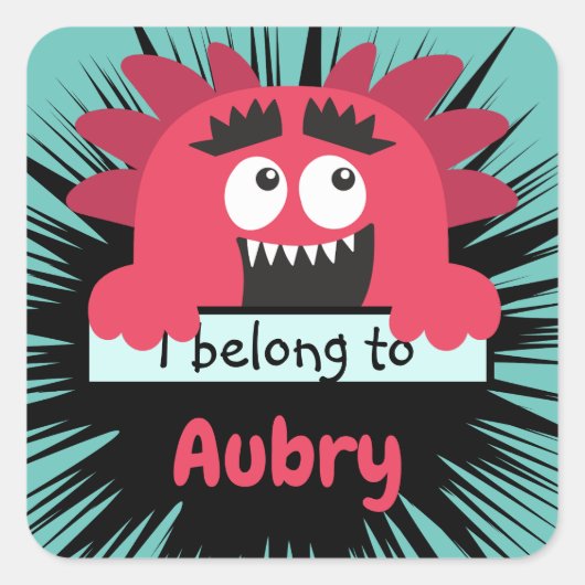 Funny Red Monster School Buddy Personalisiert Quadratischer Aufkleber (Vorderseite)
