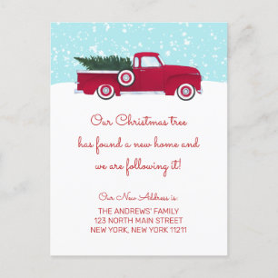 Funny Red Retro Truck Weihnachtsbaum Moving Ankündigungspostkarte