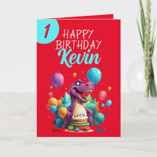 Funny Red und Aquamarin Trex Boy 1. Geburtstag Karte