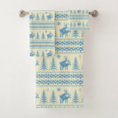 Funny Reindeer Christmas Tree Snow Blue Pattern Badhandtuch Set (Insitu)