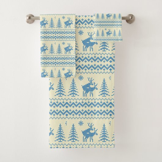 Funny Reindeer Christmas Tree Snow Blue Pattern Badhandtuch Set (Insitu)