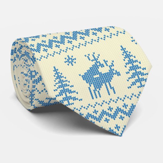 Funny Reindeer Christmas Tree Snow Blue Pattern Krawatte (Gerollt)