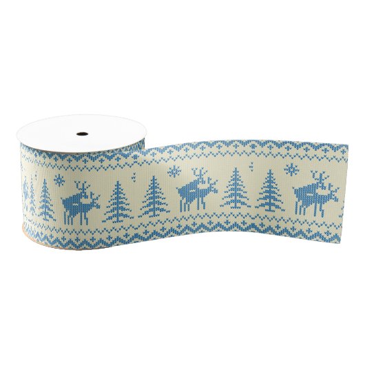 Funny Reindeer Christmas Tree Snow Blue Pattern Ripsband (Spule)