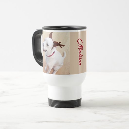 Funny Reindeer Dog Individuelle Name Weihnachten Reisebecher (Vorderseite Links)
