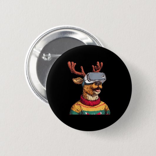Funny Reindeer In Christmas Sweater And Vr Headset Button (Vorne & Hinten)