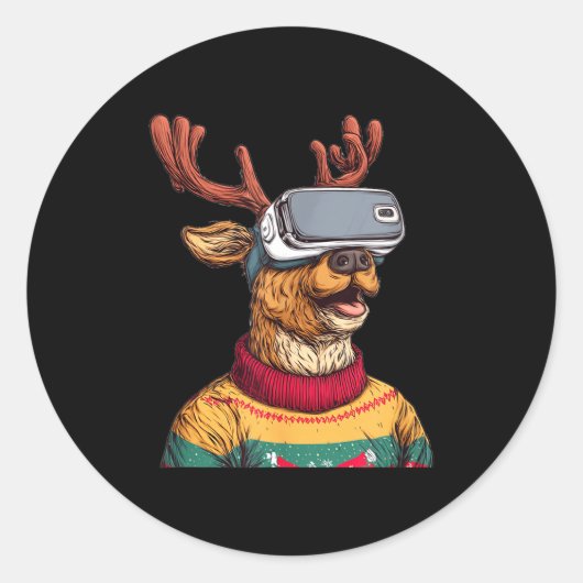 Funny Reindeer In Christmas Sweater And Vr Headset Runder Aufkleber (Vorderseite)