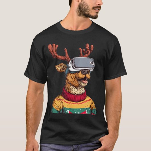 Funny Reindeer In Christmas Sweater And Vr Headset T-Shirt (Vorderseite)