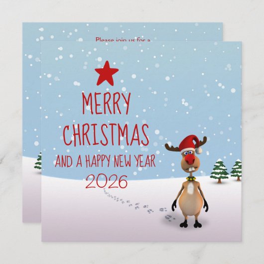 Funny Reindeer New Year Tree 2025 Weihnachten Einladung (Vorne/Hinten)