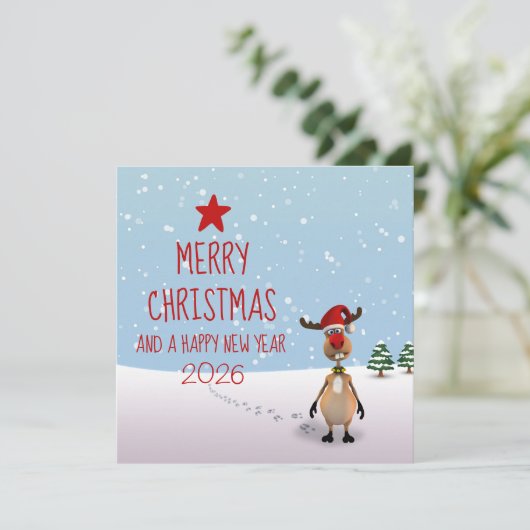 Funny Reindeer New Year Tree 2025 Weihnachten Einladung (Stehend Vorderseite)