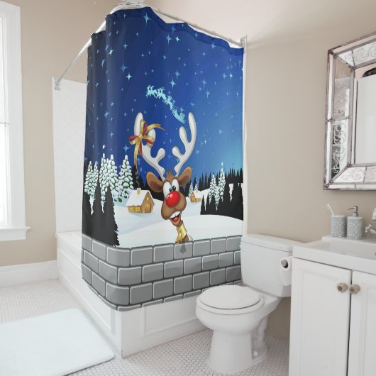 Funny Reindeer Peeking Christmas Meme  Duschvorhang (Beispiel)