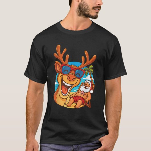 Funny Reindeer Selfie Santa Beach Christmas Animal T-Shirt (Vorderseite)