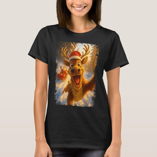 Funny Reindeer Selfie Santa Merry Christmas Men Wo T-Shirt (Vorderseite)