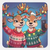 Funny Reindeer Selfie with Christmas Sweaters and Quadratischer Aufkleber (Vorderseite)