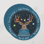 Funny Reindeer Tangled Lights Blue Ugly Sweater Einladung (Vorne/Hinten)