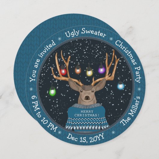 Funny Reindeer Tangled Lights Blue Ugly Sweater Einladung (Vorne/Hinten)