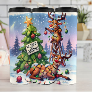 Funny Reindeer versucht zu Weihnachten Thermosbecher